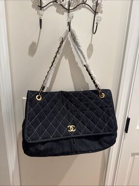 CHANEL style Quilted Denim Shoulder Bag in Dark Blue with Gold Hardware